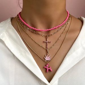 Pink Beaded Choker Necklace Cross Dog Pendant Women Seed Beads Chain
