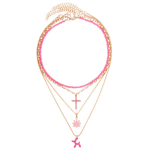 Pink Beaded Choker Necklace Cross Dog Pendant Women Seed Beads Chain