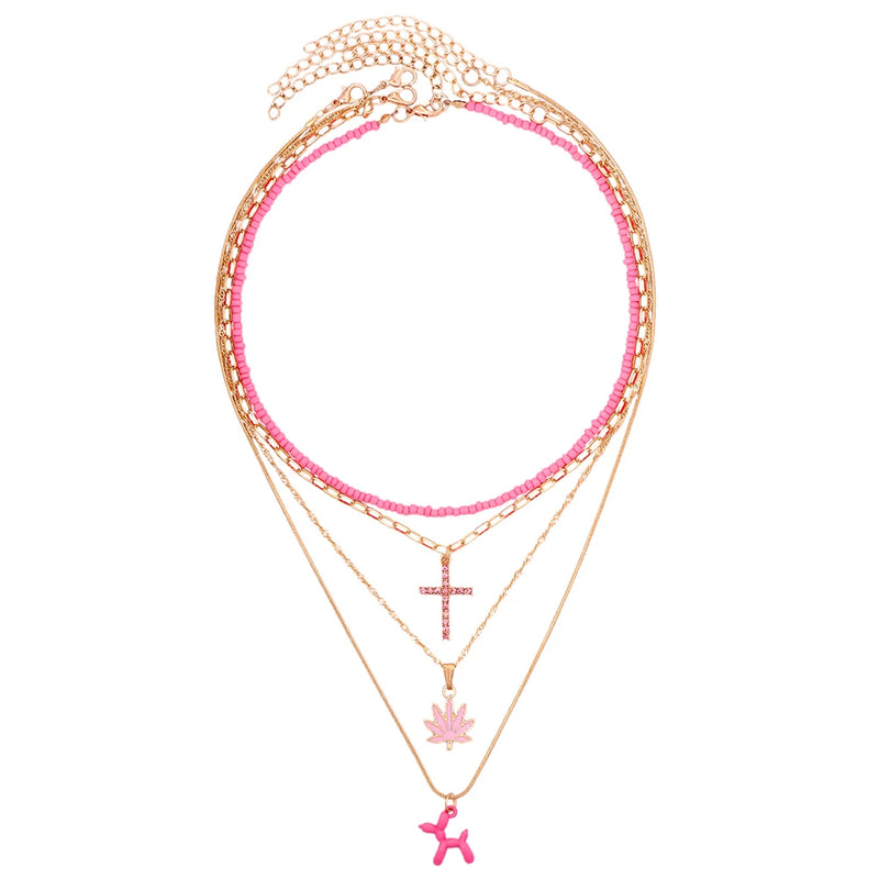 Pink Beaded Choker Necklace Cross Dog Pendant Women Seed Beads Chain