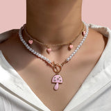 Pink Beaded Choker Necklace Cross Dog Pendant Women Seed Beads Chain