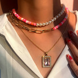 Pink Beaded Choker Necklace Cross Dog Pendant Women Seed Beads Chain