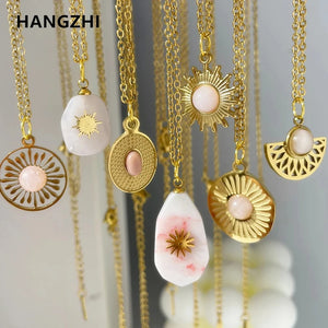 Pink Stone Flower Pendant Necklace Stainless Steel Jewelry