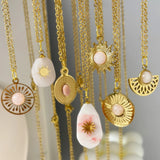 Pink Stone Flower Pendant Necklace Stainless Steel Jewelry