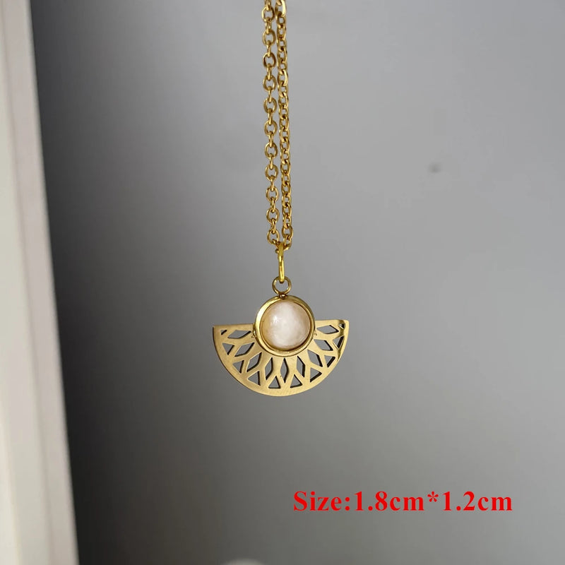 Pink Stone Flower Pendant Necklace Stainless Steel Jewelry