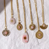 Pink Stone Flower Pendant Necklace Stainless Steel Jewelry