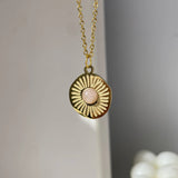 Pink Stone Flower Pendant Necklace Stainless Steel Jewelry