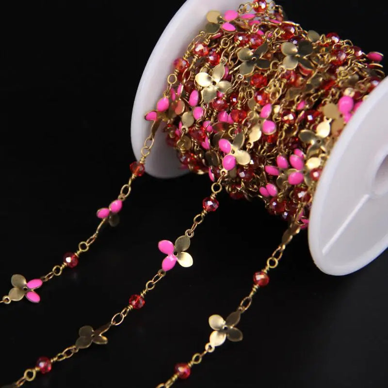 Pink Oil Drip Crystal Glass Rosary Chain Necklace