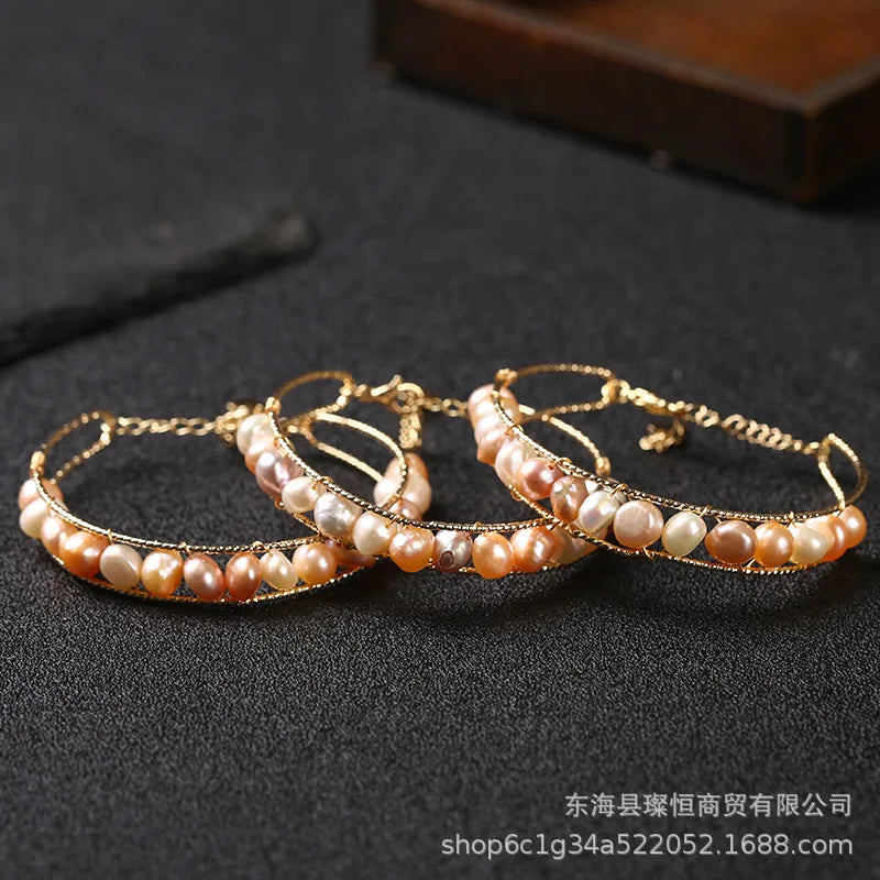 Pink Pearl Bracelets Bangle Gemstone 925 Silver Natural Beads Charm Jewelry