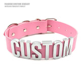 Pink Pu Leather Hotwife Choker Collar Silver Large Letters Name Necklaces