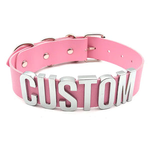 Pink Pu Leather Hotwife Choker Collar Silver Large Letters Name Necklaces