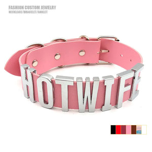 Pink Pu Leather Hotwife Choker Collar Silver Large Letters Name Necklaces