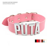 Pink Pu Leather Hotwife Choker Collar Silver Large Letters Name Necklaces