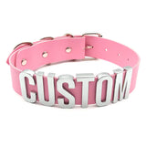 Pink Pu Leather Hotwife Choker Collar Silver Large Letters Name Necklaces