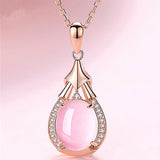 Pink Quartz Cat's Eyes Diamond Pendant Necklace 18k Rose Choker Chain