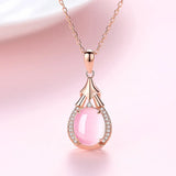 Pink Quartz Cat's Eyes Diamond Pendant Necklace 18k Rose Choker Chain