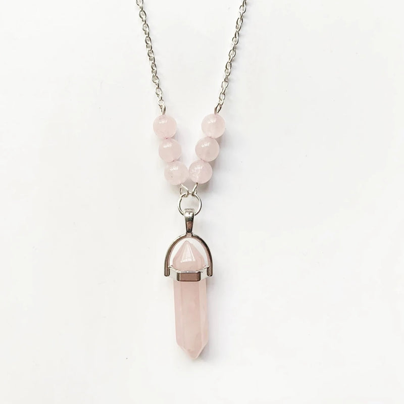 Pink Quartz Pendant Crystal Necklace Silver Chain