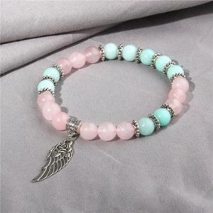 Pink Quartz Angel Wings Pendent Bracelets Natural Stone Beads Charms Bangles