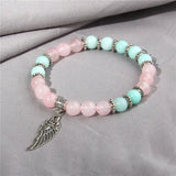Pink Quartz Angel Wings Pendent Bracelets Natural Stone Beads Charms Bangles