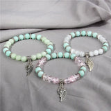 Pink Quartz Angel Wings Pendent Bracelets Natural Stone Beads Charms Bangles
