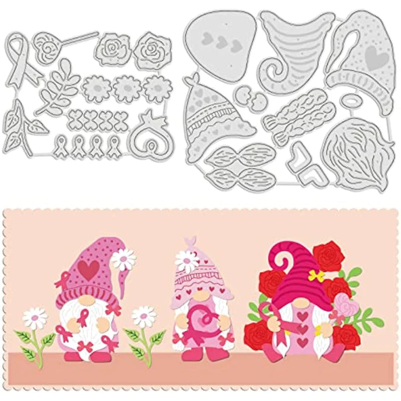 Pink Ribbon Gnome & Flower Die Cuts Breast Cancer Embossing