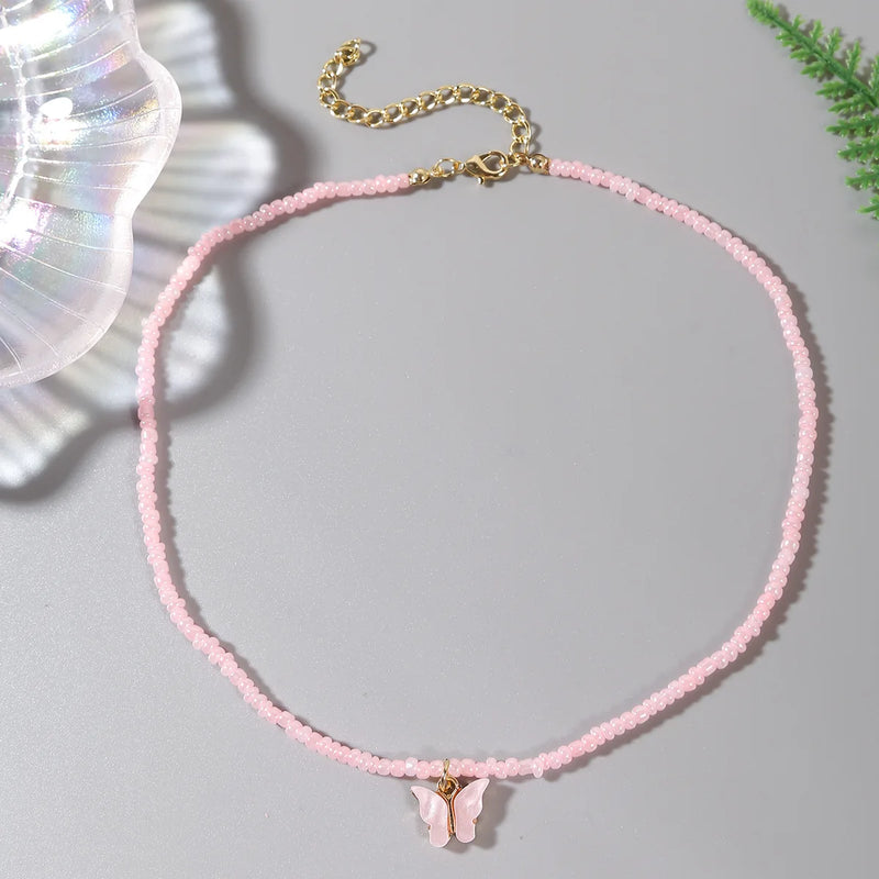 Pink Rice Bead Bow Pendant Necklace for Girls' Birthday Gift