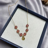 Strawberry Quartz Crystal Chain Pendant Necklace 14K Plated Women Choker Gift