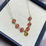 Strawberry Quartz Crystal Chain Pendant Necklace 14K Plated Women Choker Gift