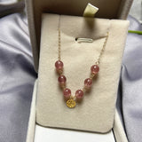 Strawberry Quartz Crystal Chain Pendant Necklace 14K Plated Women Choker Gift