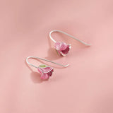 Pink Tulip Flowers 925 Silver Drop Earrings Glazed Women Fine Jewelry