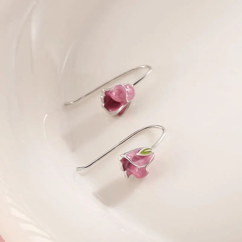Pink Tulip Flowers 925 Silver Drop Earrings Glazed Women Fine Jewelry