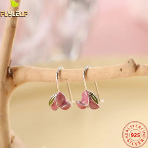 Pink Tulip Flowers 925 Silver Drop Earrings Glazed Women Fine Jewelry