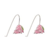 Pink Tulip Flowers 925 Silver Drop Earrings Glazed Women Fine Jewelry