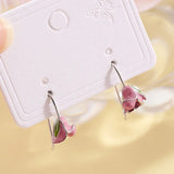 Pink Tulip Flowers 925 Silver Drop Earrings Glazed Women Fine Jewelry
