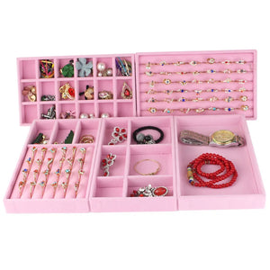 Pink Velvet Jewelry Storage Tray Ring Bracelet Holder Organizer
