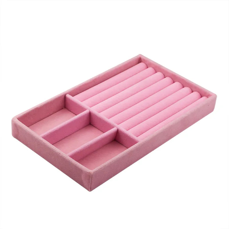 Pink Velvet Jewelry Storage Tray Ring Bracelet Holder Organizer