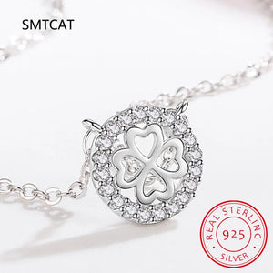 Zircon Clover Necklace Love Heart Pendant Choker Chain 925 Sterling Silver