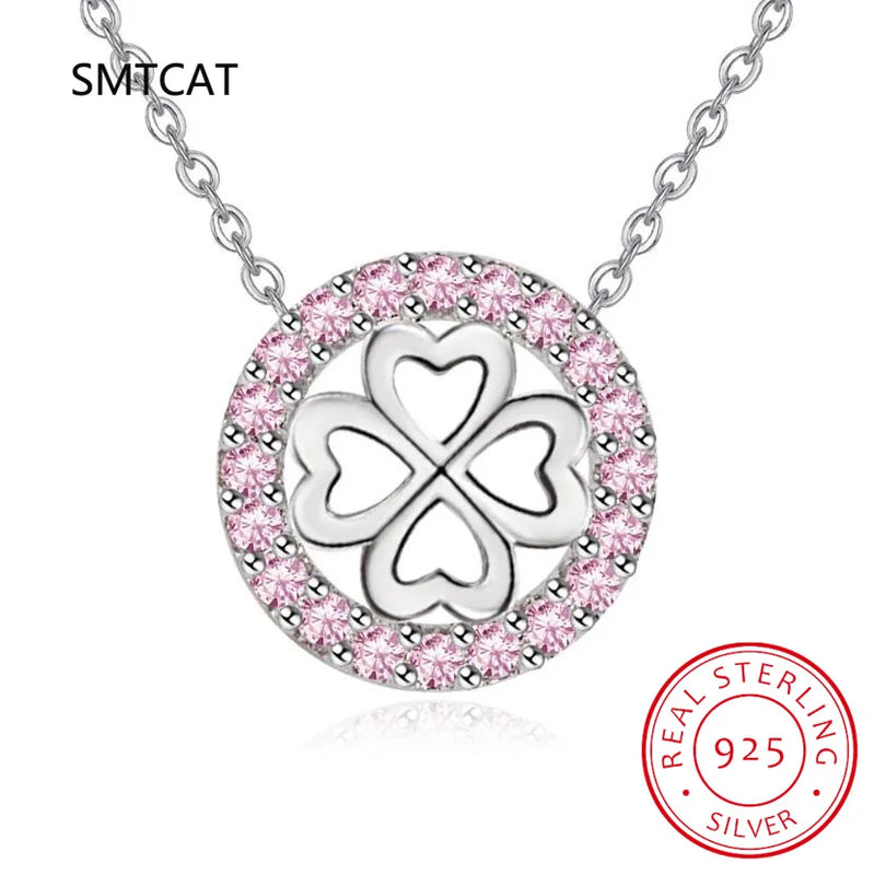 Zircon Clover Necklace Love Heart Pendant Choker Chain 925 Sterling Silver
