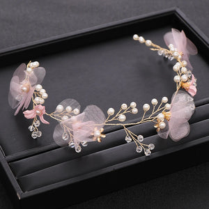 Pink Yarn Flower Wreath Girl Headband Hair Jewelry Pearl Women Tiaras Headpiece