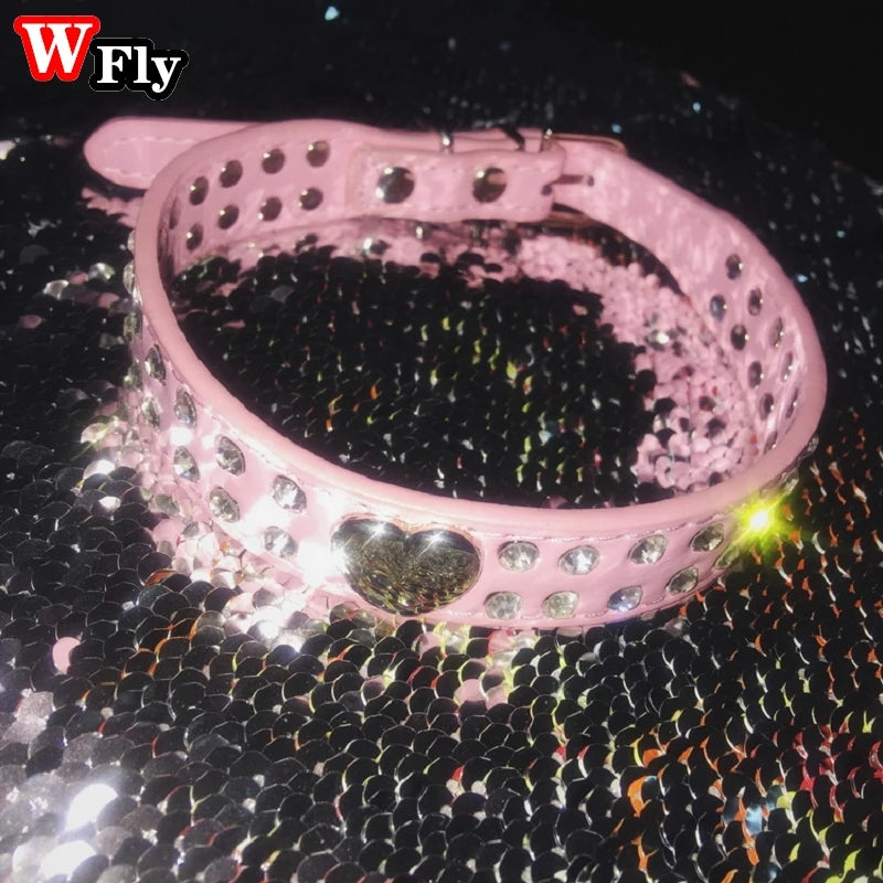 Pink Rhinestone Harajuku Necklace Leather Gothic Y2K Hot Girls Unisex