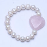 Pink Pearl Bracelet with Natural Stone Heart Charm for Women