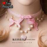 Pink Pearl Bow Choker Necklace