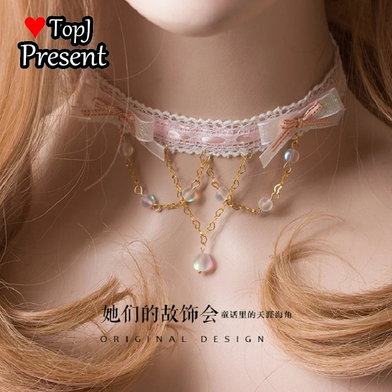 Pink Pearl Bow Choker Necklace