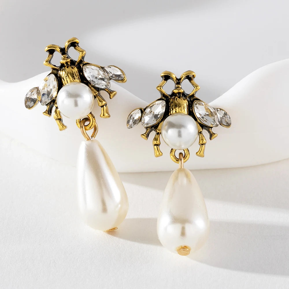Vintage Bee Drop Earrings Classic Pearl Insect Dangle Earring for Women