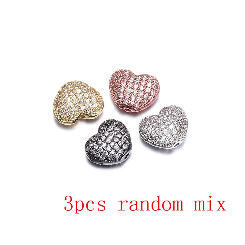 3pcs CZ Heart Beads 10mm Copper DIY Charms Jewelry Making
