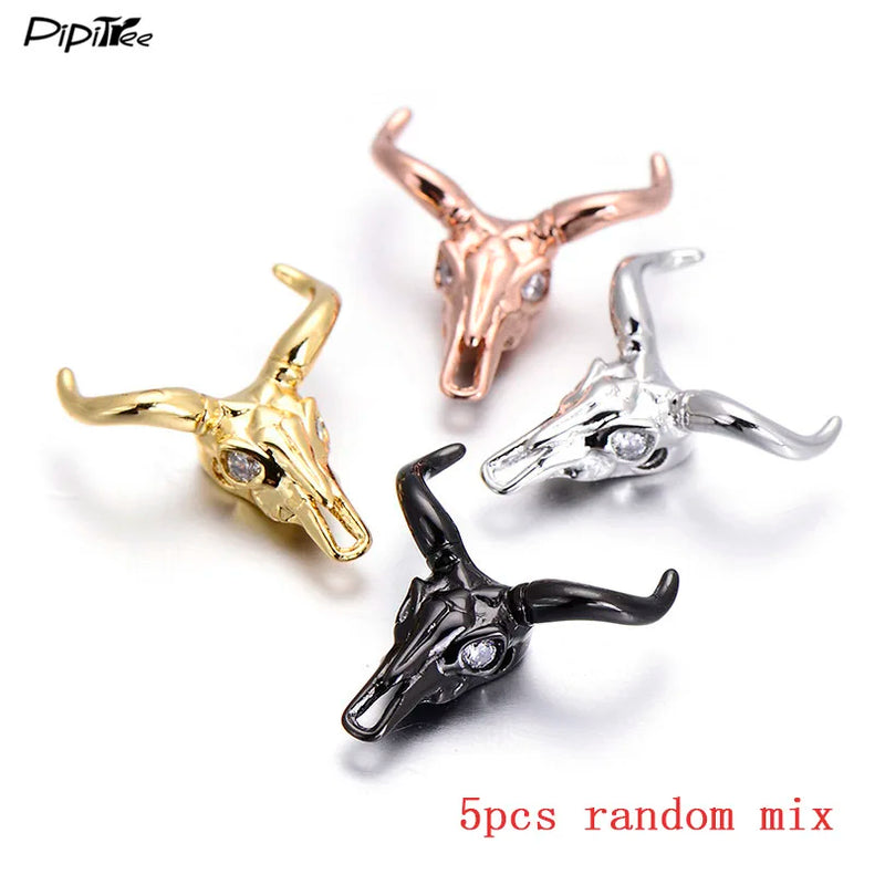 5pcs Cattle Head Skull Beads CZ Charms for Men Bracelet DIY Copper Nickle