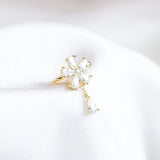 24K Gold/925 Silver CZ Flower Clip Earrings with Dangling Chain