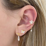 24K Gold/925 Silver CZ Flower Clip Earrings with Dangling Chain