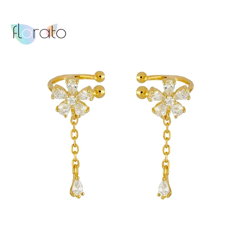24K Gold/925 Silver CZ Flower Clip Earrings with Dangling Chain