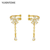 24K Gold/925 Silver CZ Flower Clip Earrings with Dangling Chain