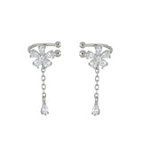 24K Gold/925 Silver CZ Flower Clip Earrings with Dangling Chain